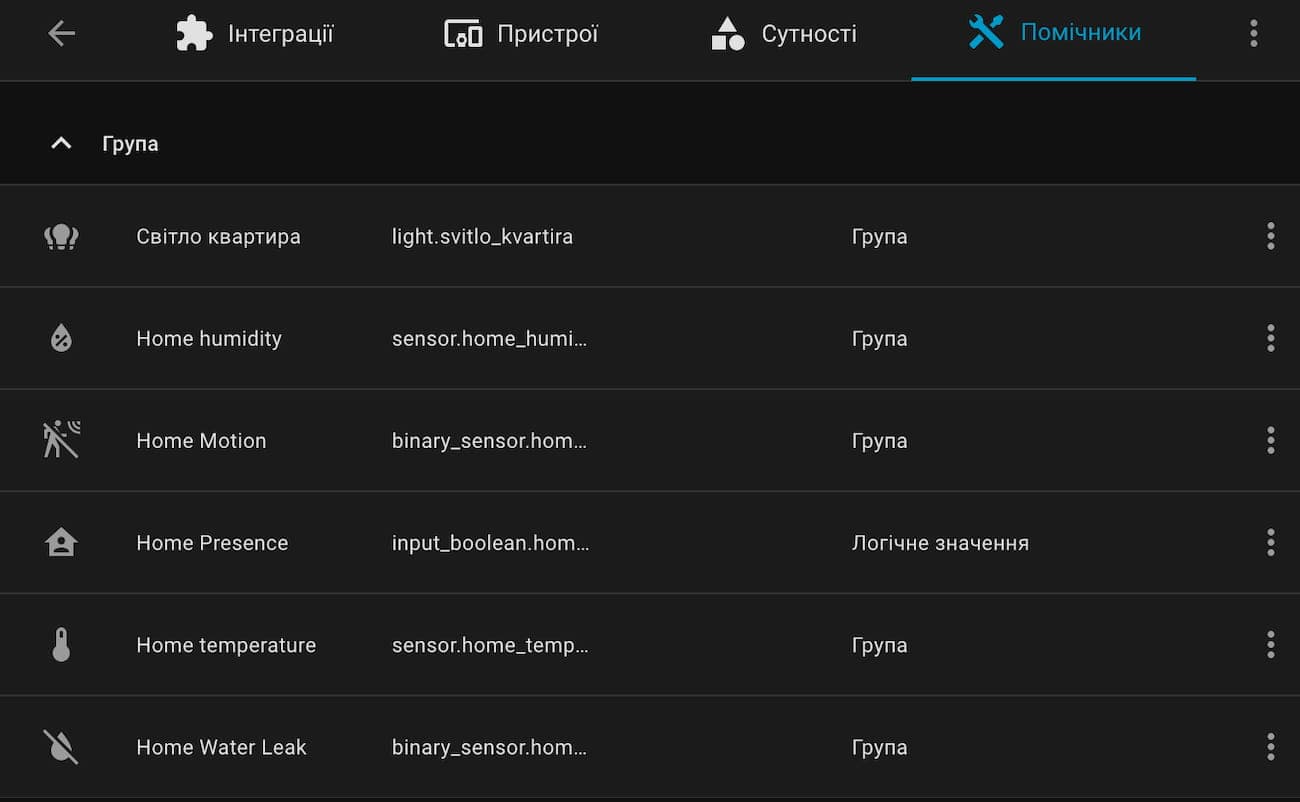 Helper entities list